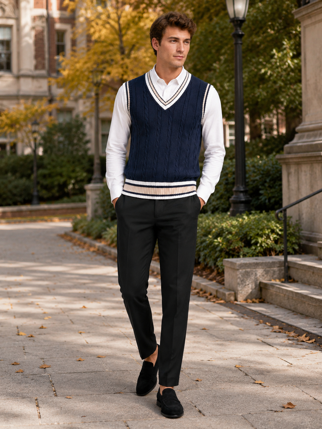 Men's striped preppy sweater vest – Navy lifestyle view – Edward & Lawsen