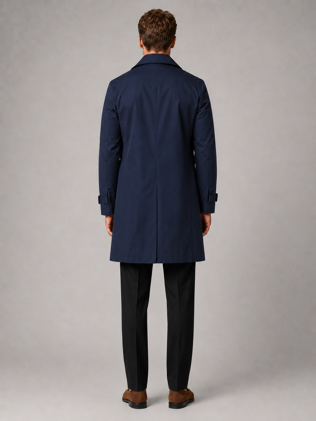 Men's windproof knee-length trench coat – Navy back view – Edward & Lawsen