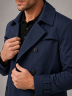 Men's windproof knee-length trench coat – Navy detail view – Edward & Lawsen