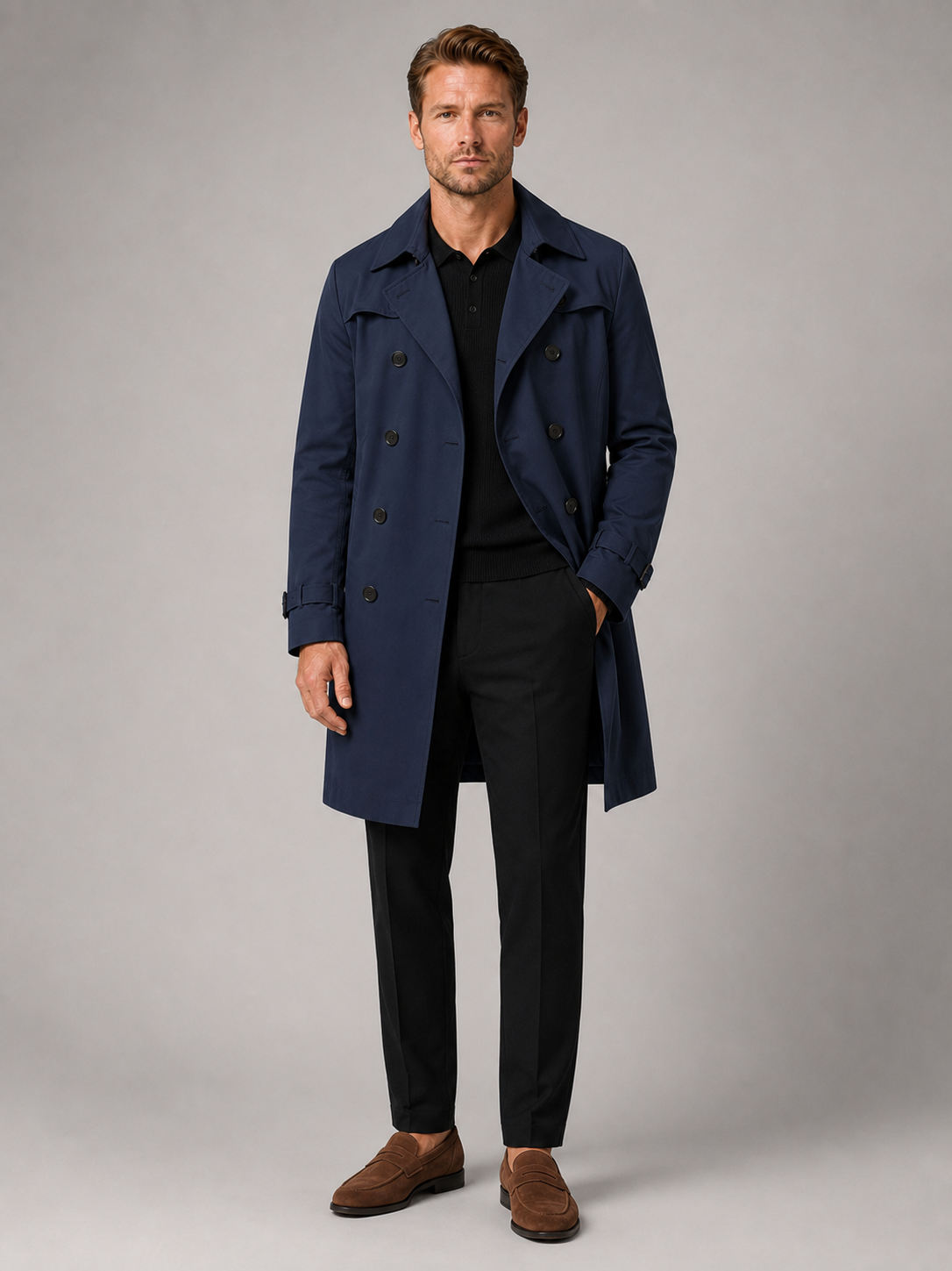 Men's windproof knee-length trench coat – Navy full view – Edward & Lawsen