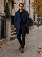 Men's windproof knee-length trench coat – Navy lifestyle view – Edward & Lawsen