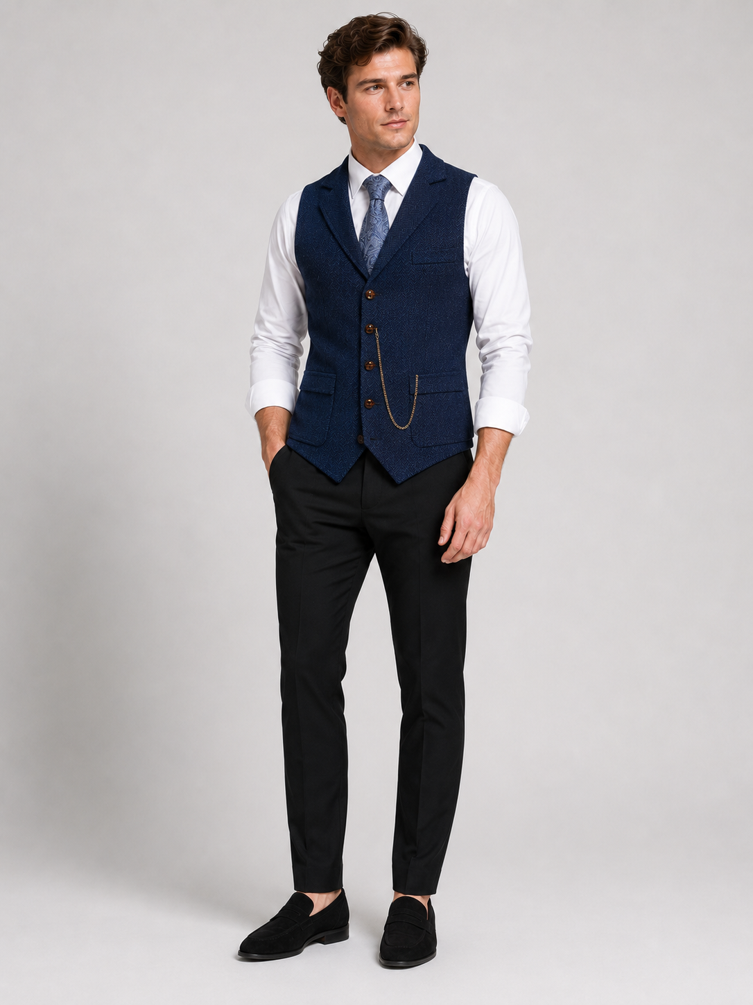 Men's herringbone suit vest – Navy full view – Edward & Lawsen