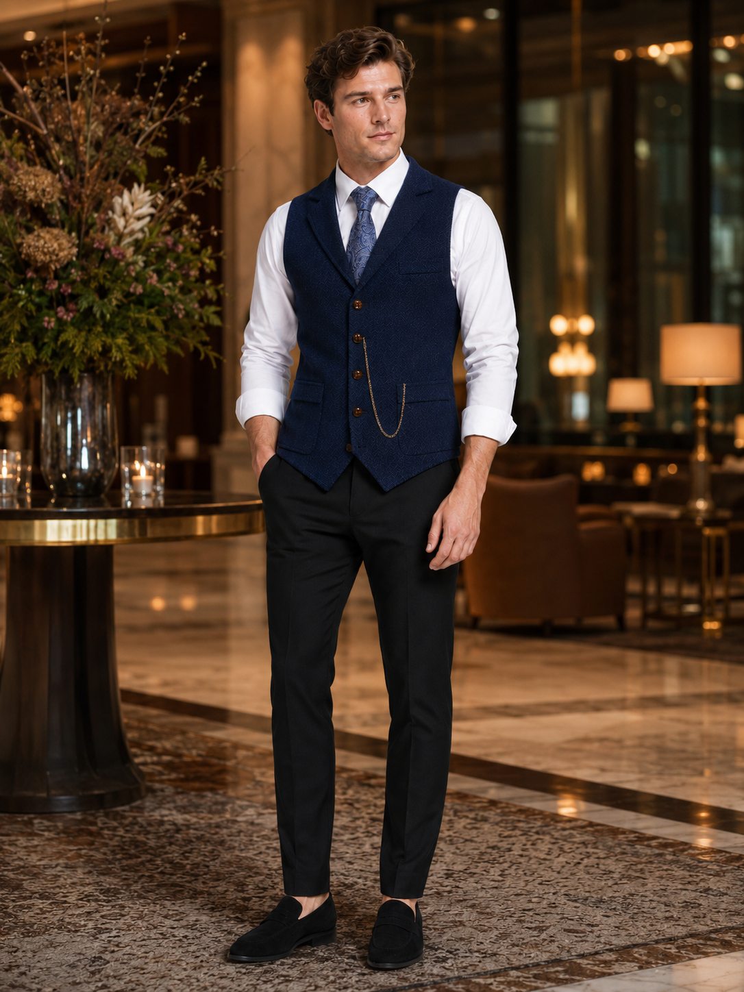 Men's herringbone suit vest – Navy lifestyle view – Edward & Lawsen