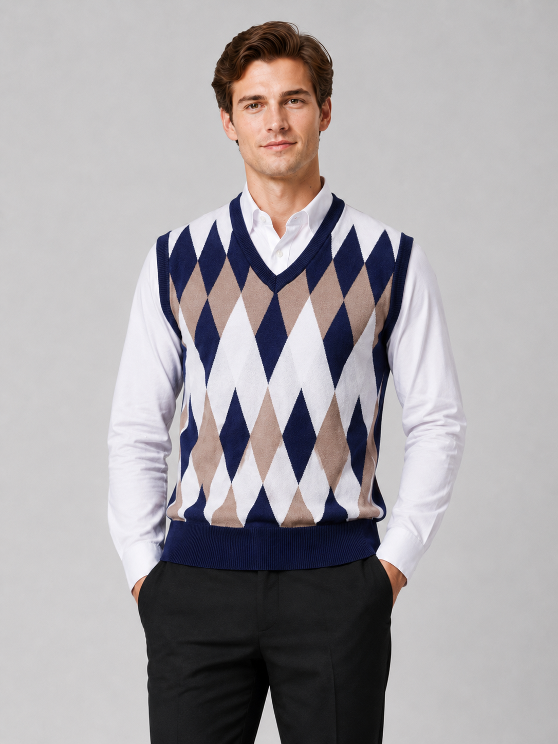 Men's argyle sweater vest – Navy front view