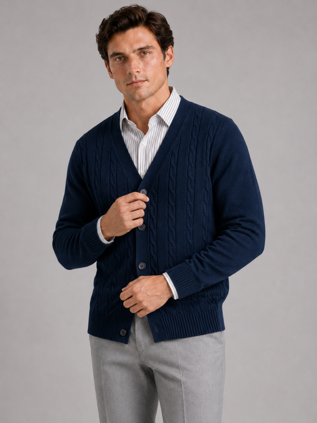 Men's cable knit V-neck cardigan – Navy front view – Edward & Lawsen
