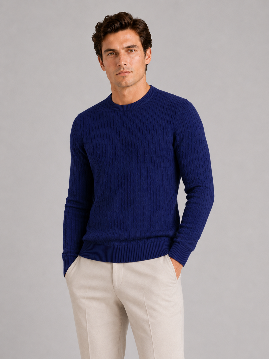 Men's cable knit crew neck sweater – Navy front view – Edward & Lawsen