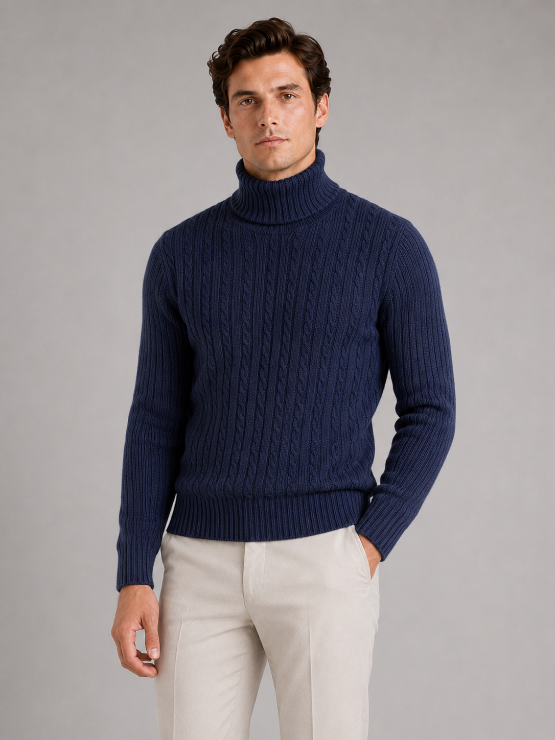 Men's cable knit turtleneck sweater – Navy front view – Edward & Lawsen