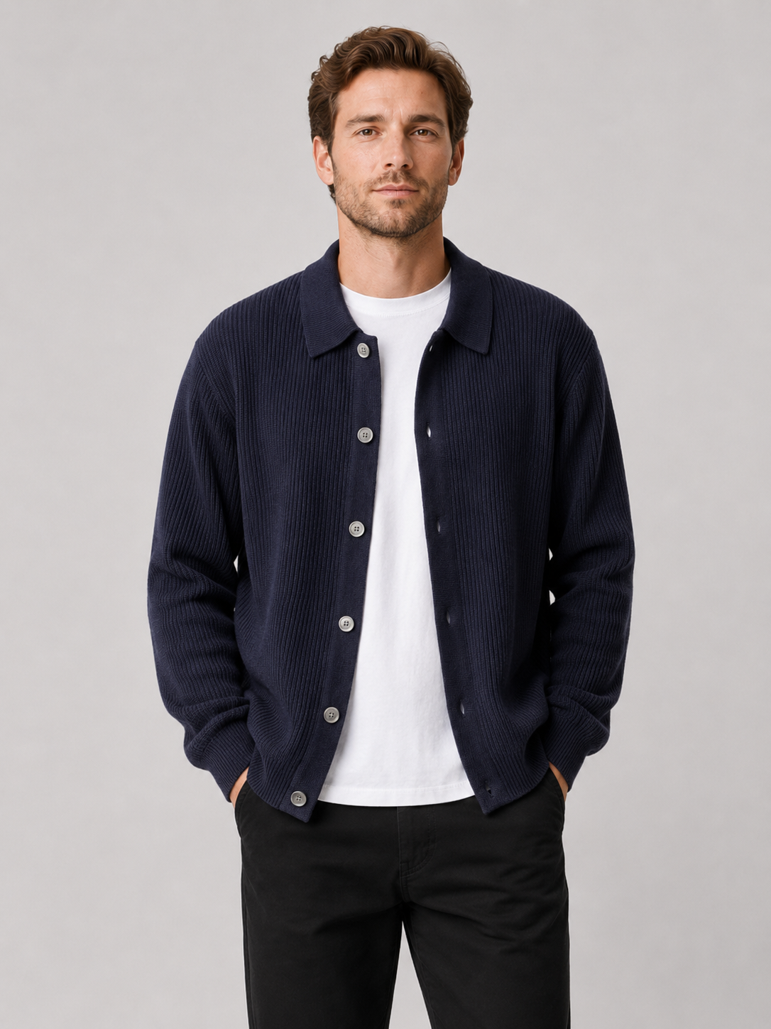 Men's open front cardigan – Navy front view – Edward & Lawsen