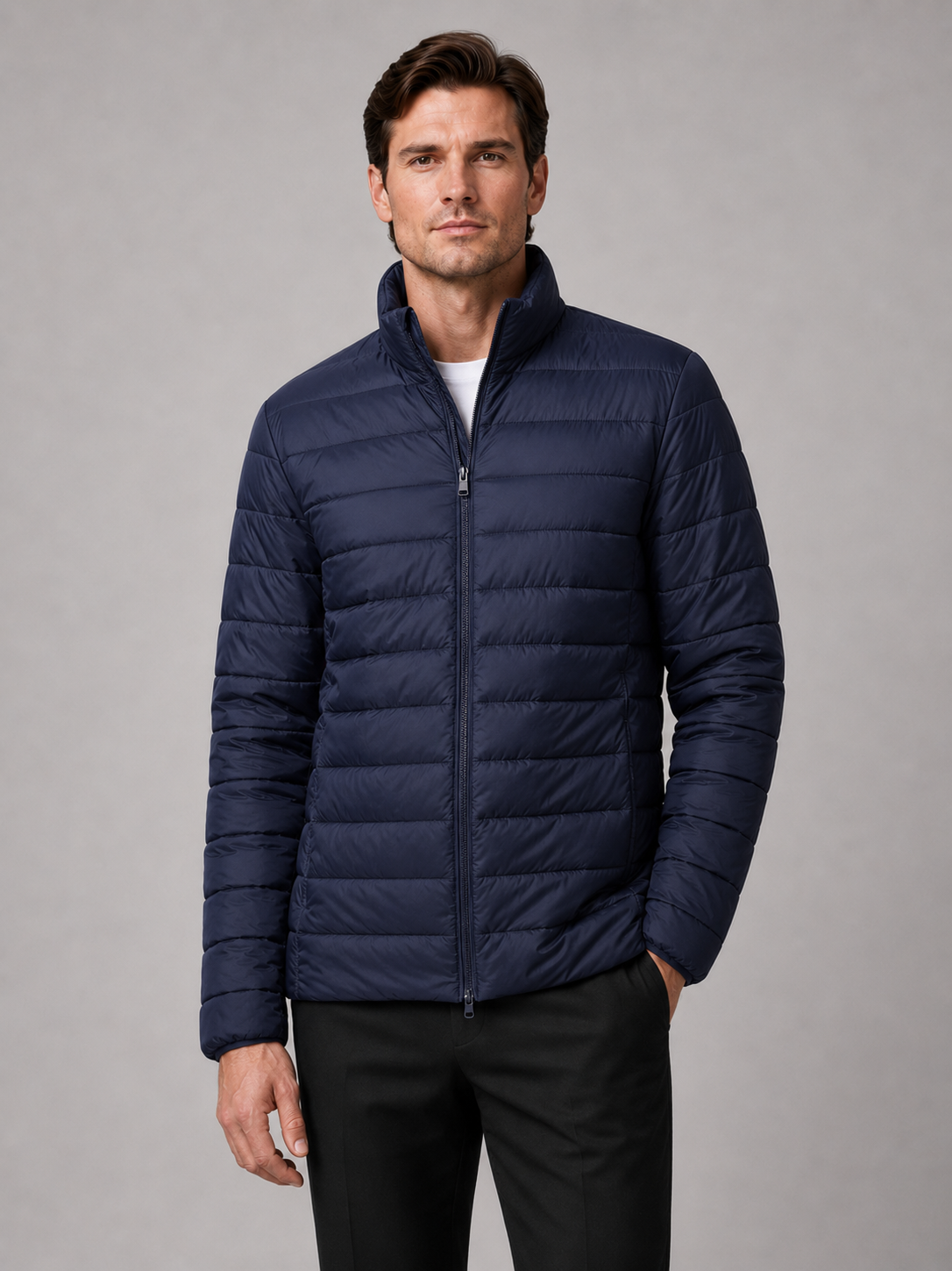 Men's puffer jacket – Navy front view – Edward & Lawsen