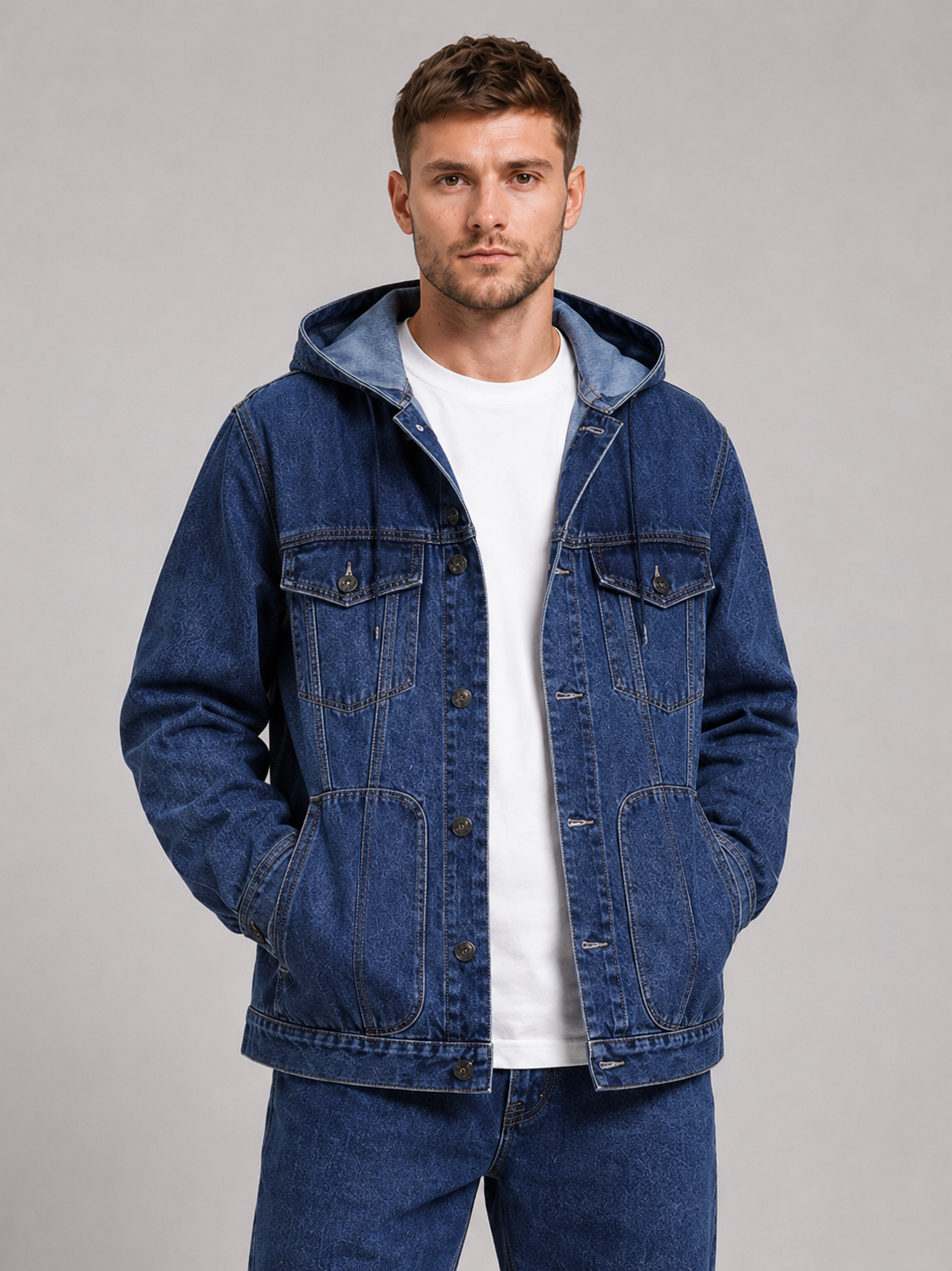 Men's hooded denim jacket – Navy front view – Edward & Lawsen