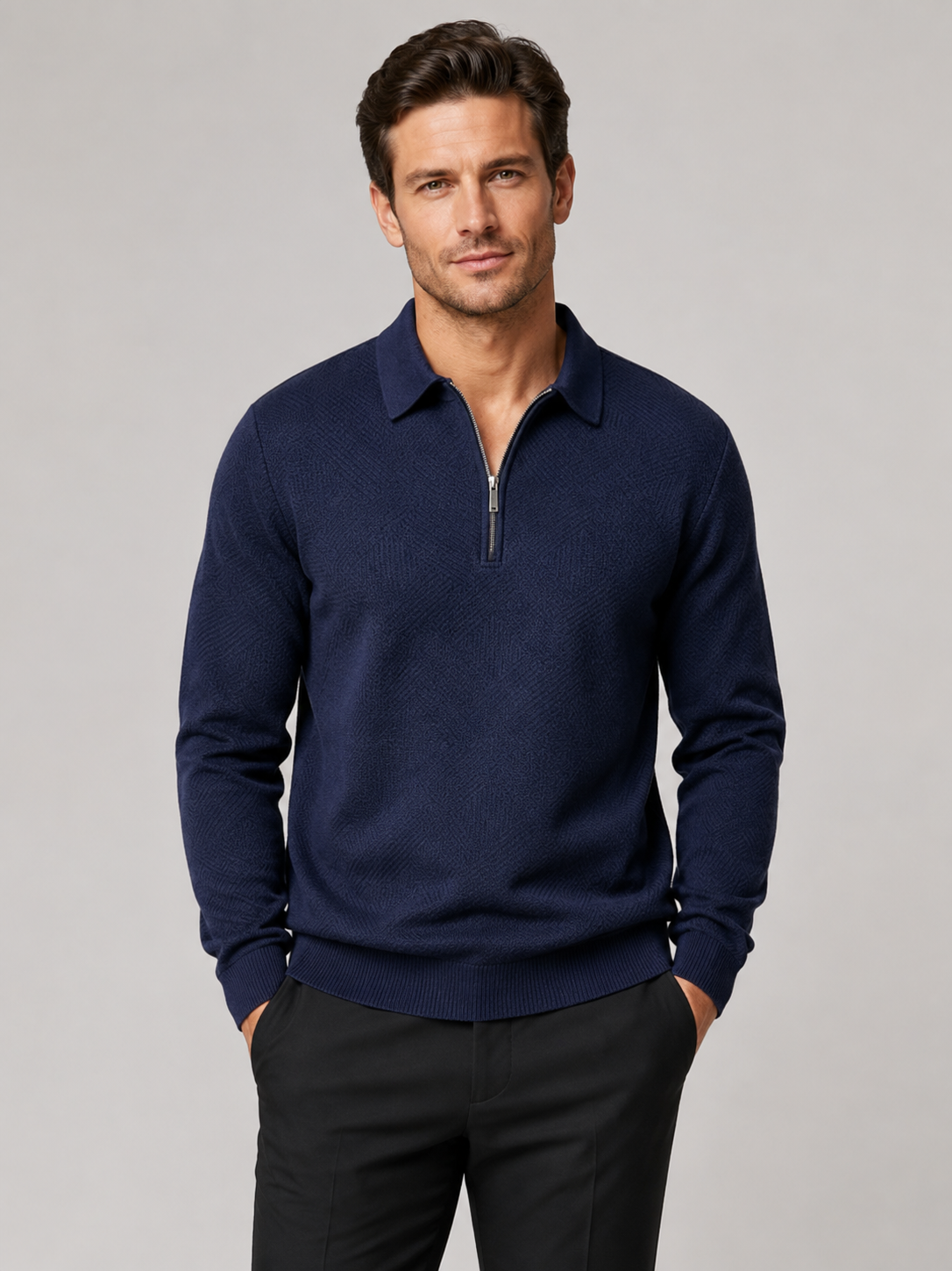 Men's quarter zip polo sweater – Navy front view – Edward & Lawsen