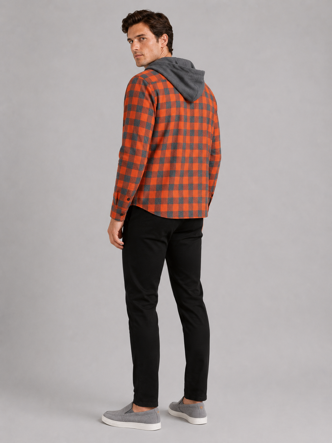 Men's plaid flannel jacket – Orange back view – Edward & Lawsen