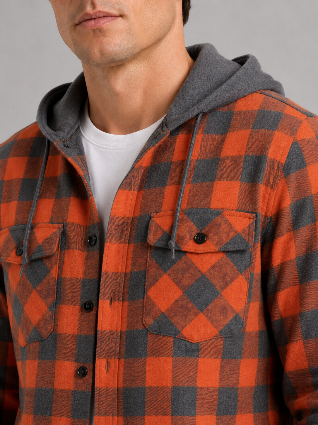 Men's plaid flannel jacket – Orange detail view – Edward & Lawsen