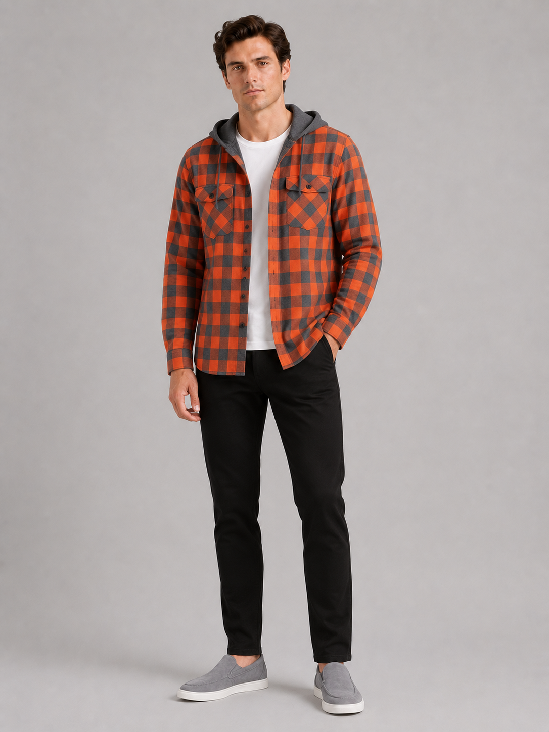 Men's plaid flannel jacket – Orange full view – Edward & Lawsen