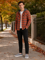 Men's plaid flannel jacket – Orange lifestyle view – Edward & Lawsen