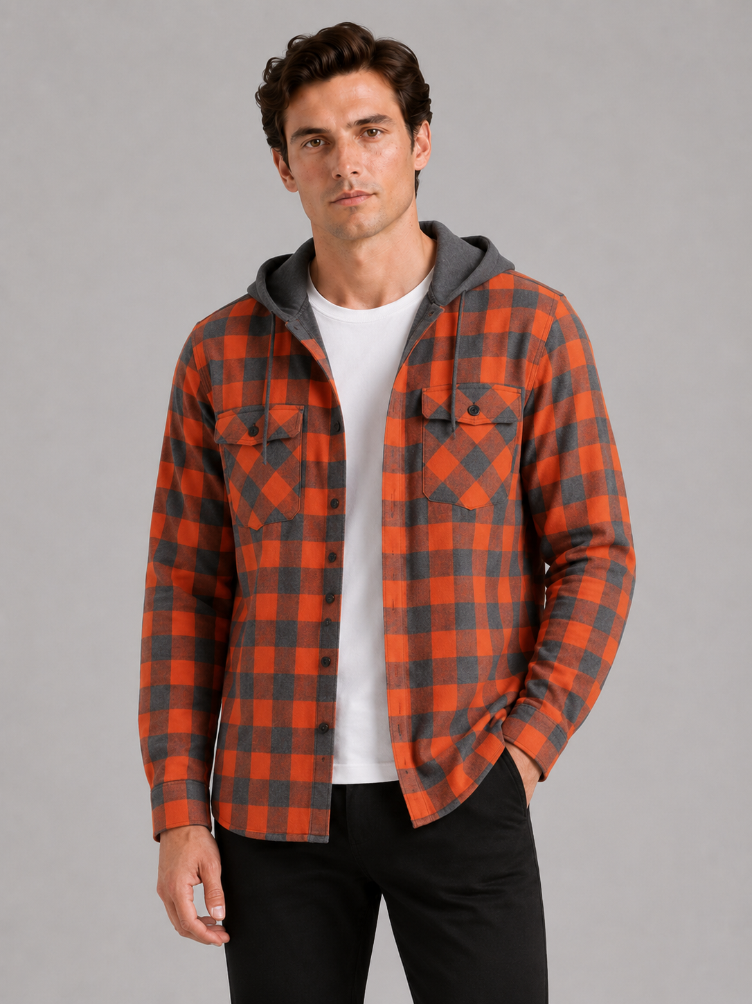 Men's plaid flannel jacket – Orange front view – Edward & Lawsen