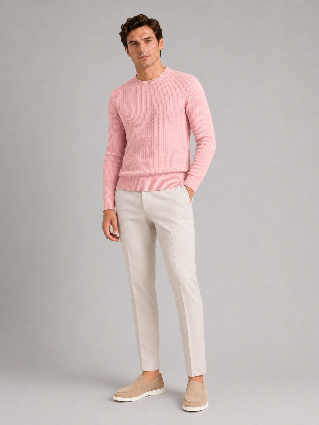 Men's cable knit crew neck sweater – Pink full view – Edward & Lawsen