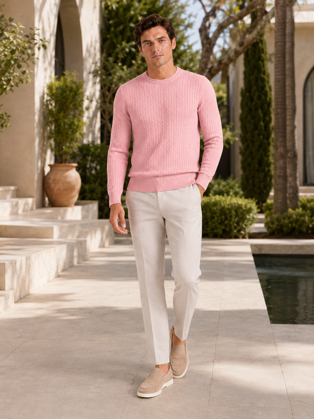 Men's cable knit crew neck sweater – Pink lifestyle view – Edward & Lawsen
