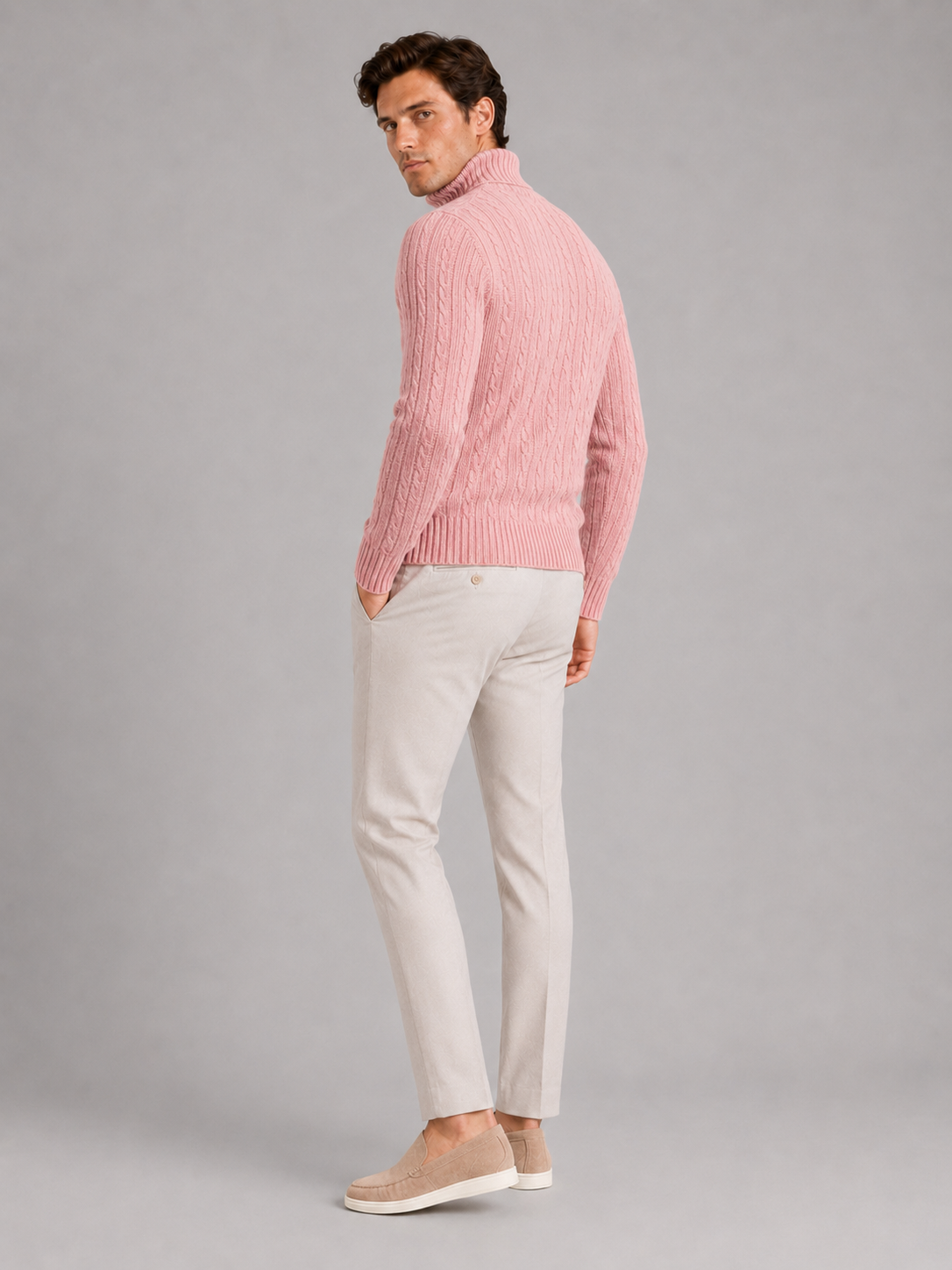 Men's cable knit turtleneck sweater – Pink back view – Edward & Lawsen