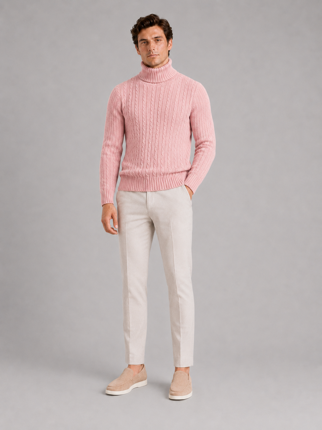 Men's cable knit turtleneck sweater – Pink full view – Edward & Lawsen
