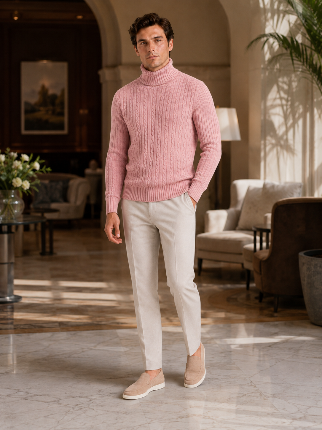 Men's cable knit turtleneck sweater – Pink lifestyle view – Edward & Lawsen