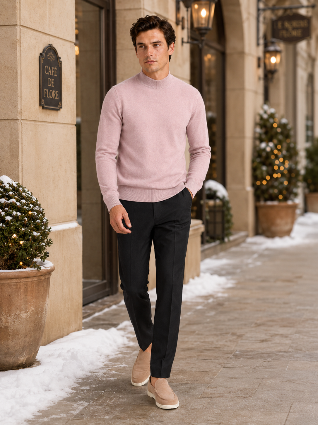 Men's slim fit mock neck sweater – Pink lifestyle view – Edward & Lawsen