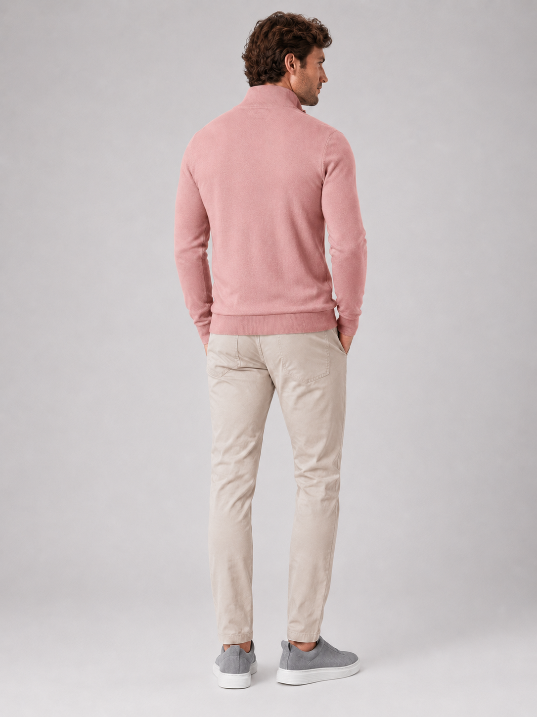 Men's quarter-zip mock neck sweater – Pink back view – Edward & Lawsen