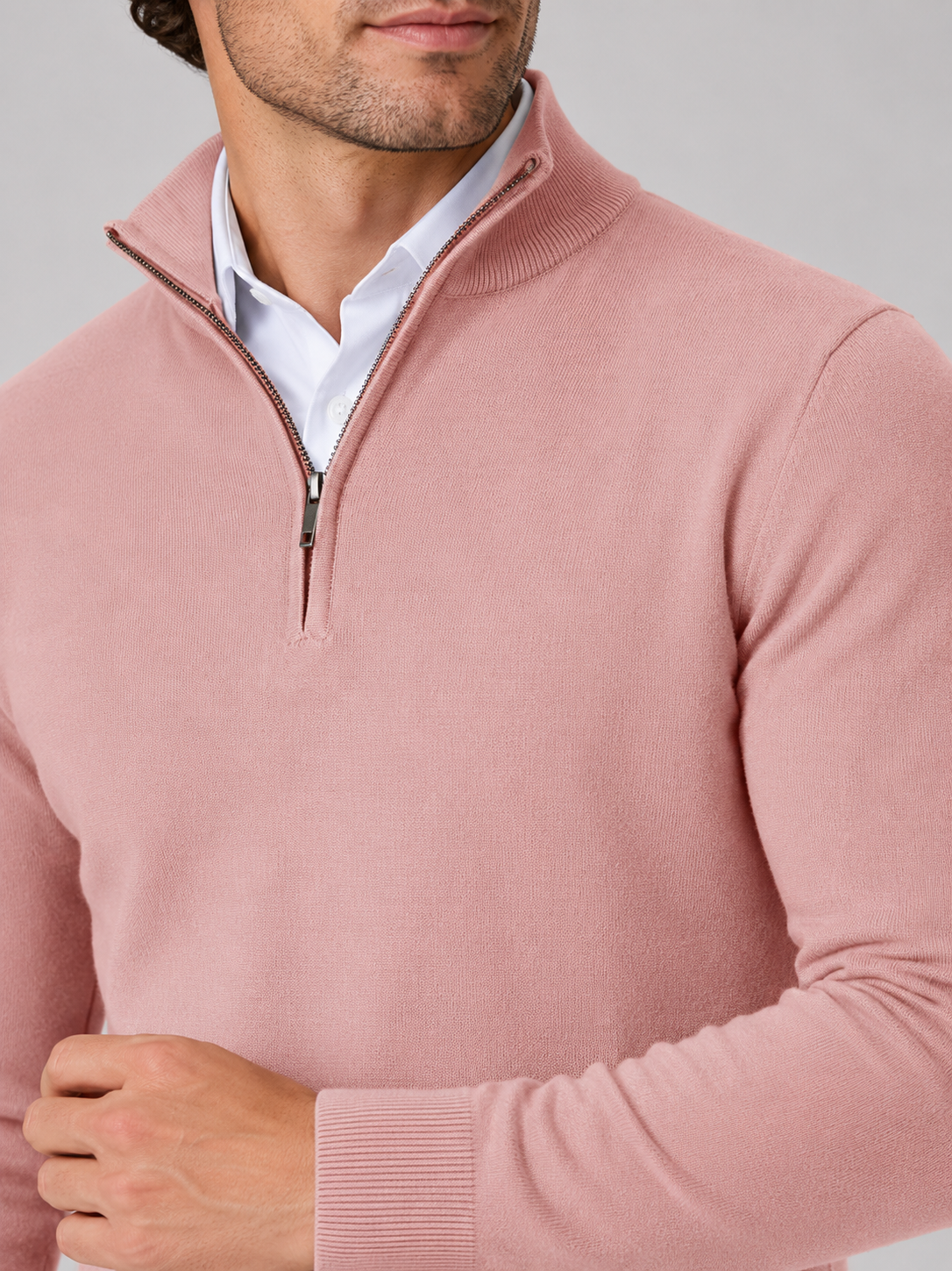 Men's quarter-zip mock neck sweater – Pink detail view – Edward & Lawsen