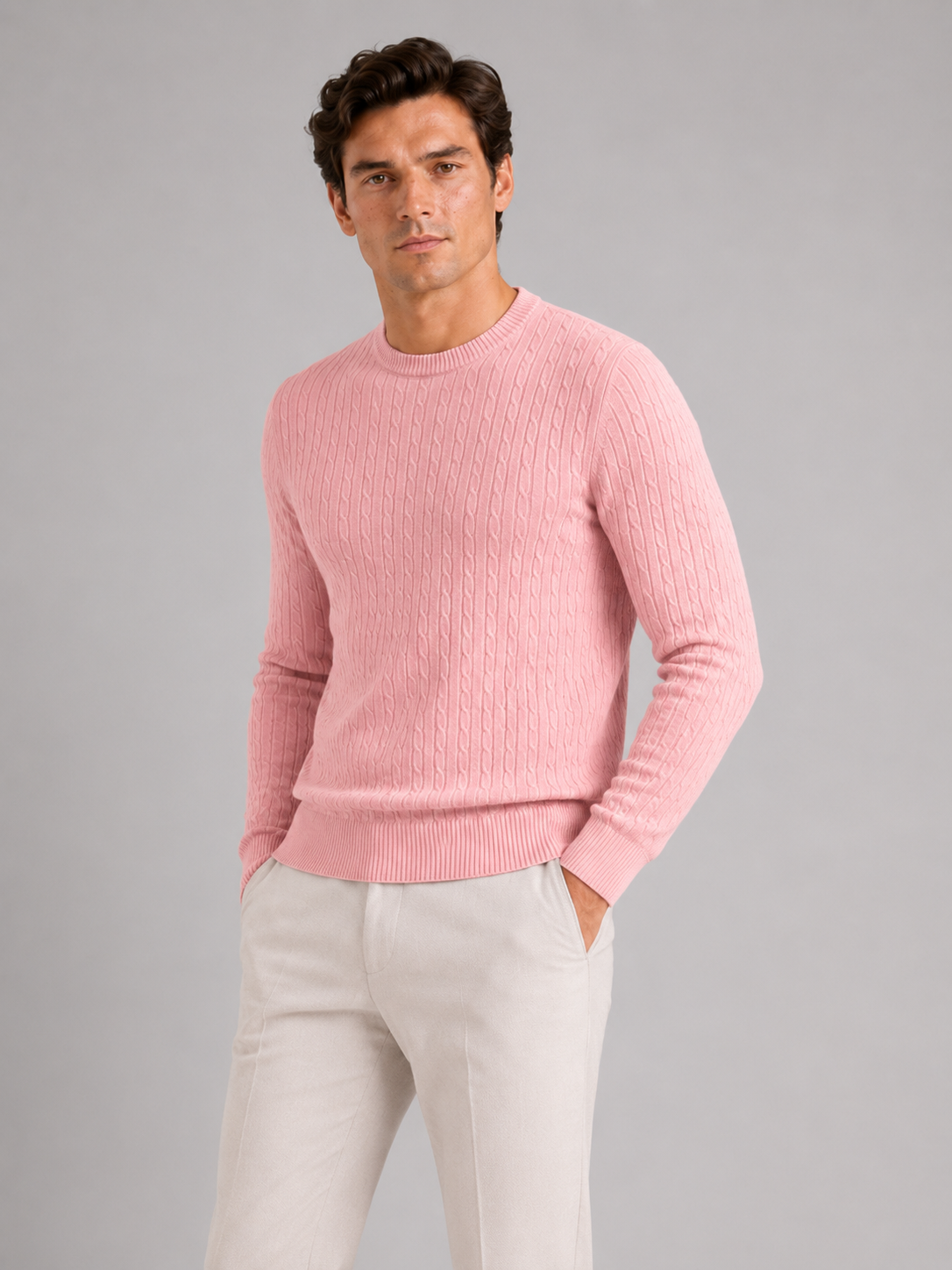 Men's cable knit crew neck sweater – Pink front view – Edward & Lawsen
