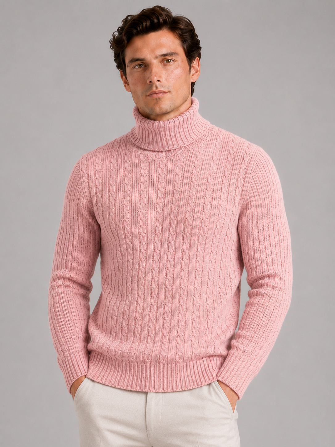Men's cable knit turtleneck sweater – Pink front view – Edward & Lawsen