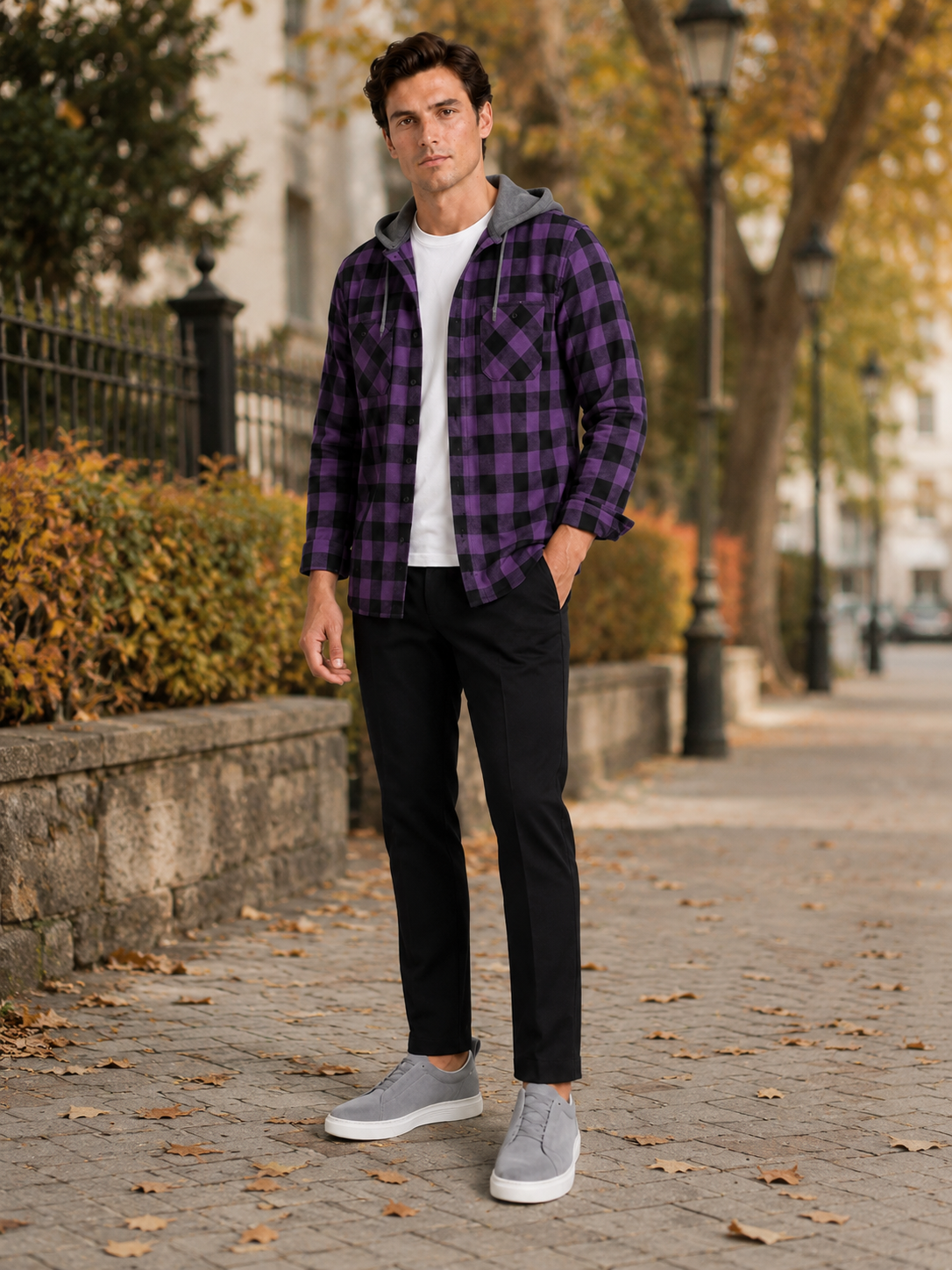 Men's plaid flannel jacket – Purple lifestyle view – Edward & Lawsen