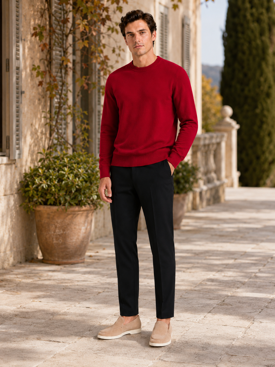 Men's wool crewneck sweater – Red lifestyle view – Edward & Lawsen