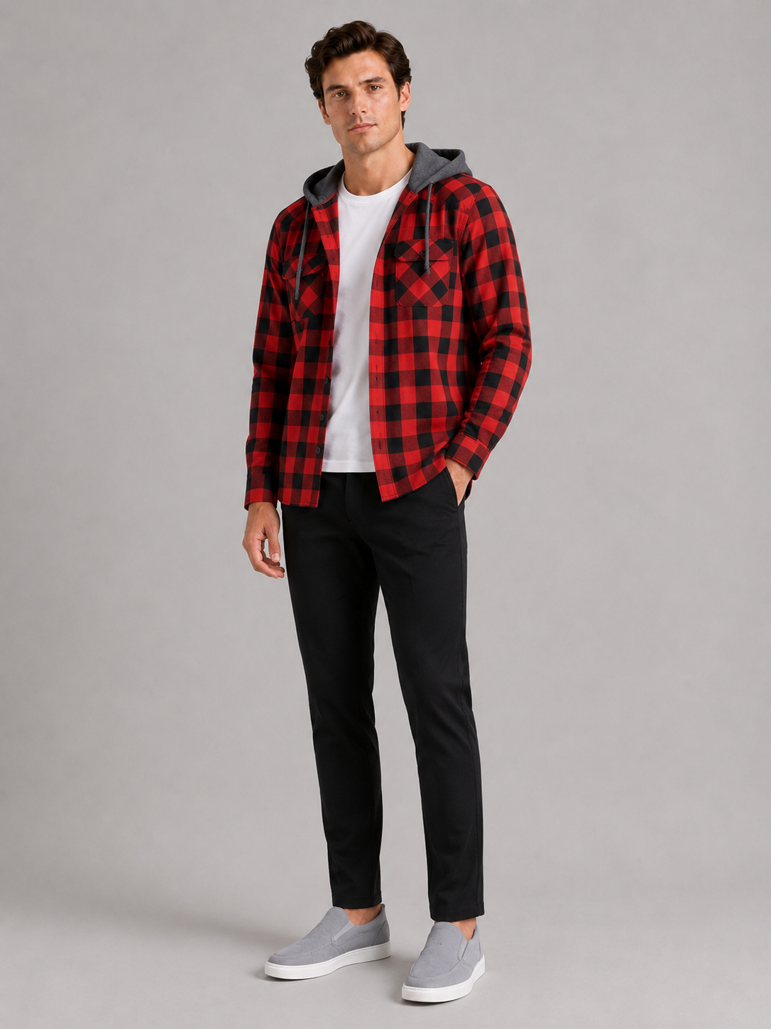 Men's plaid flannel jacket – Red full view – Edward & Lawsen