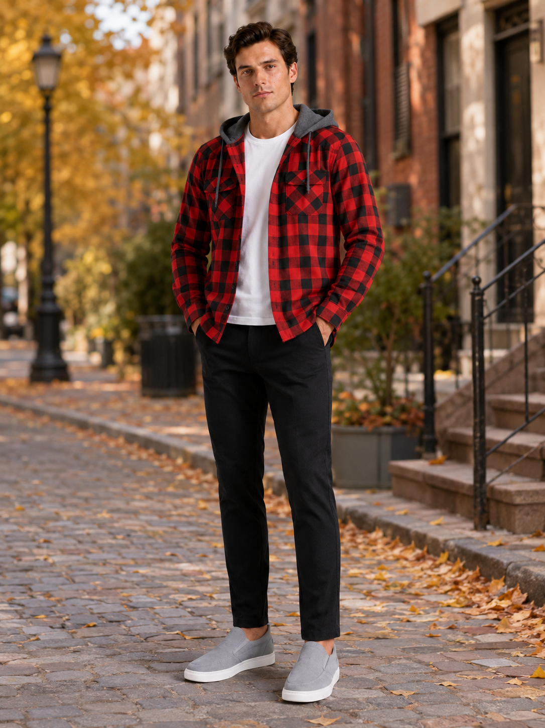 Men's plaid flannel jacket – Red lifestyle view – Edward & Lawsen