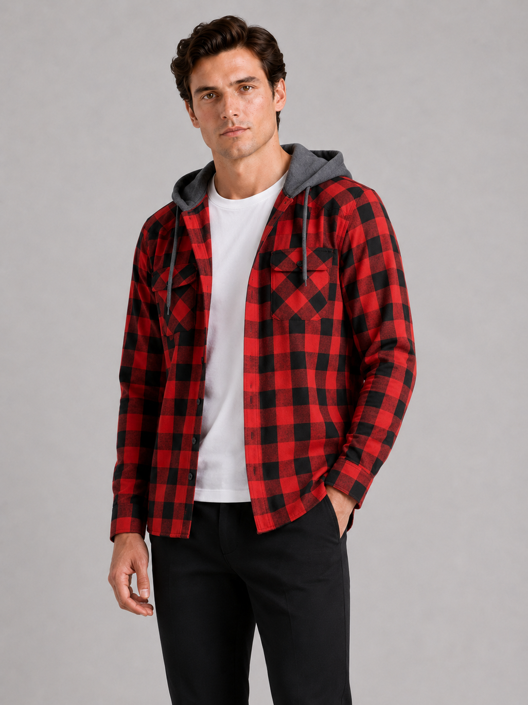 Men's plaid flannel jacket – Red front view – Edward & Lawsen