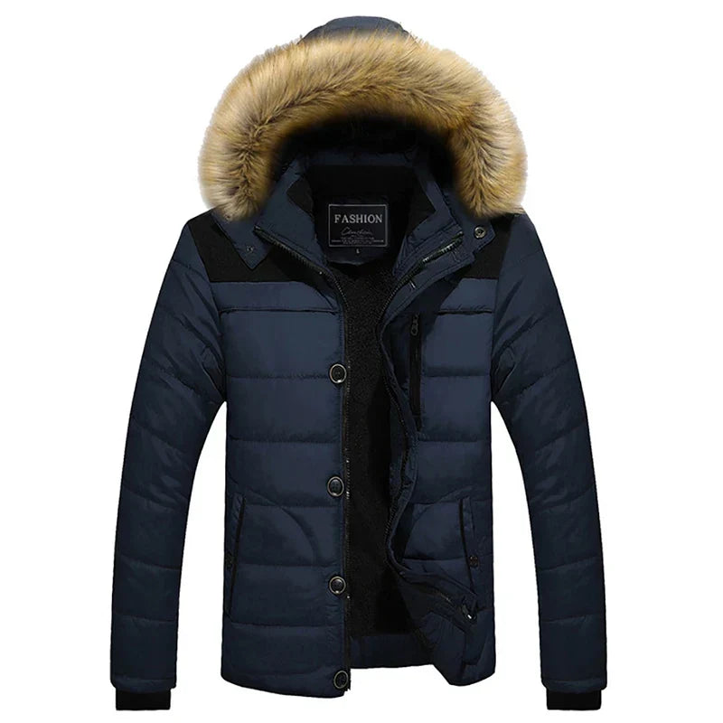 Men's faux-fur hooded quilted jacket – Navy Blue – Edward Lawson