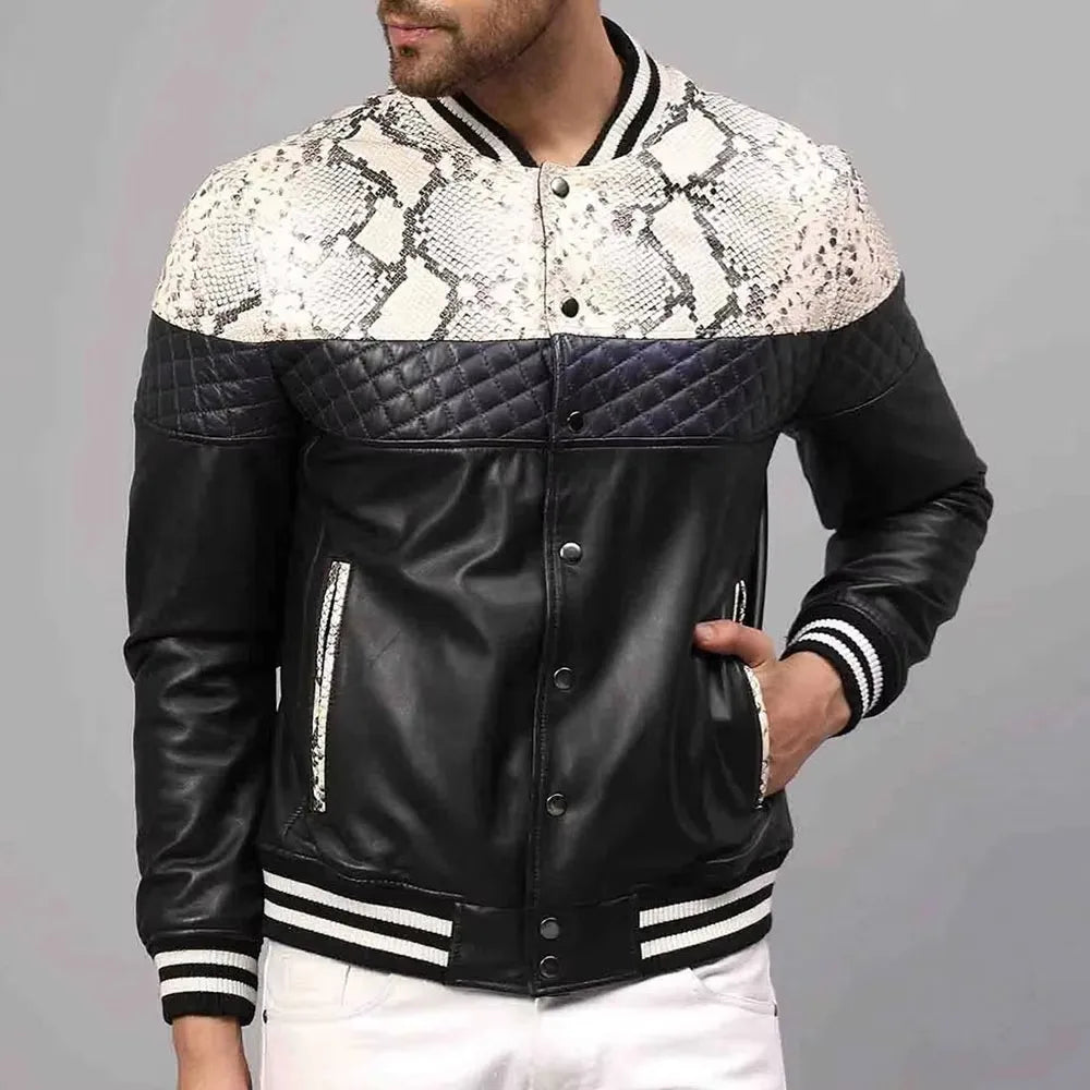 Men's leather bomber jacket with snakeskin-print panel – Black – Edward Lawson