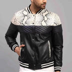 Men's leather bomber jacket with snakeskin-print panel – Black detail view – Edward Lawson