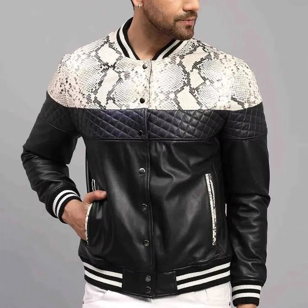 Men's leather bomber jacket with snakeskin-print panel – Black detail view – Edward Lawson