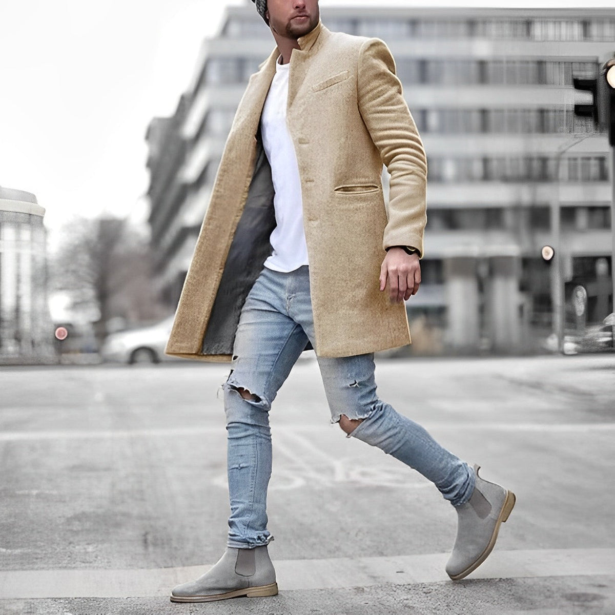 Men's tailored stand-collar long coat – beige – Edward Lawson