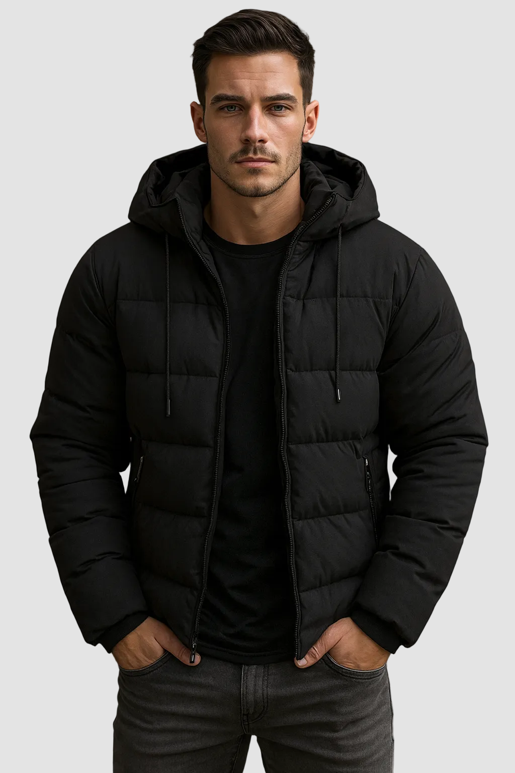 Men's hooded puffer winter jacket – black – Edward Lawson
