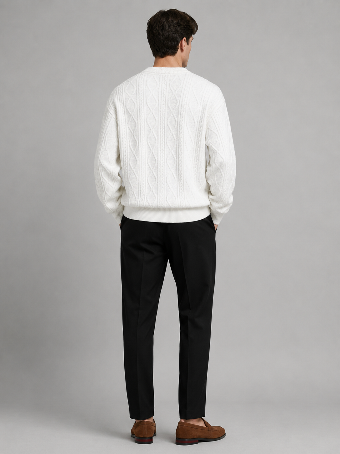 Men's diamond pattern oversized cardigan – White back view – Edward & Lawsen