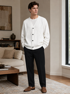 Men's diamond pattern oversized cardigan – White lifestyle view – Edward & Lawsen