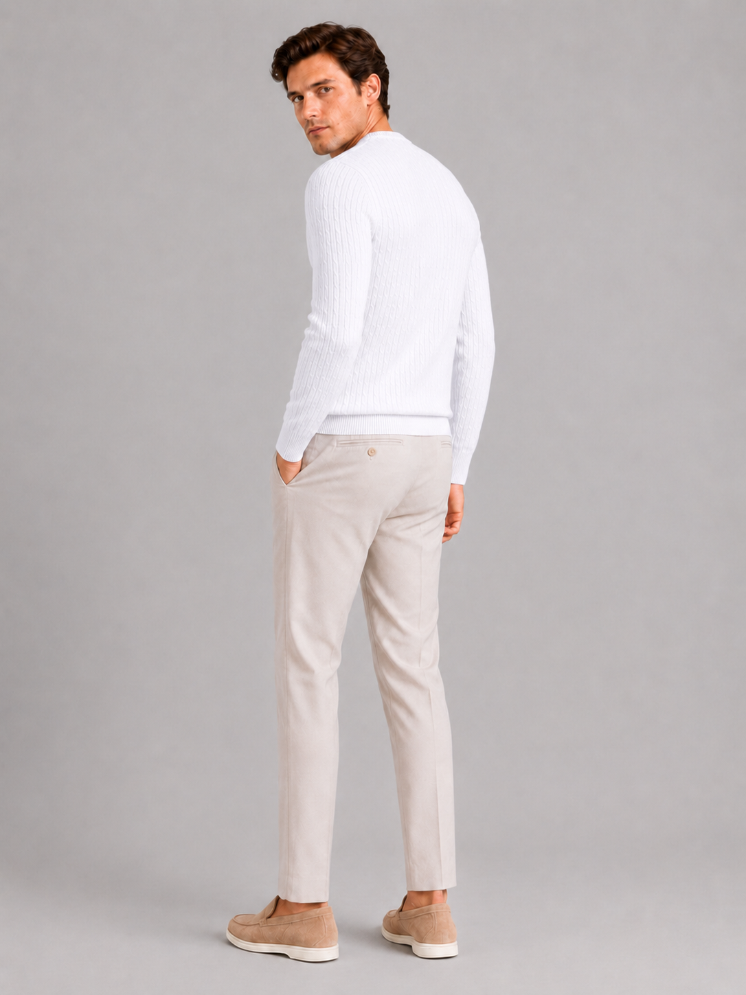 Men's cable knit crew neck sweater – White back view – Edward & Lawsen