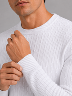 Men's cable knit crew neck sweater – White detail view – Edward & Lawsen