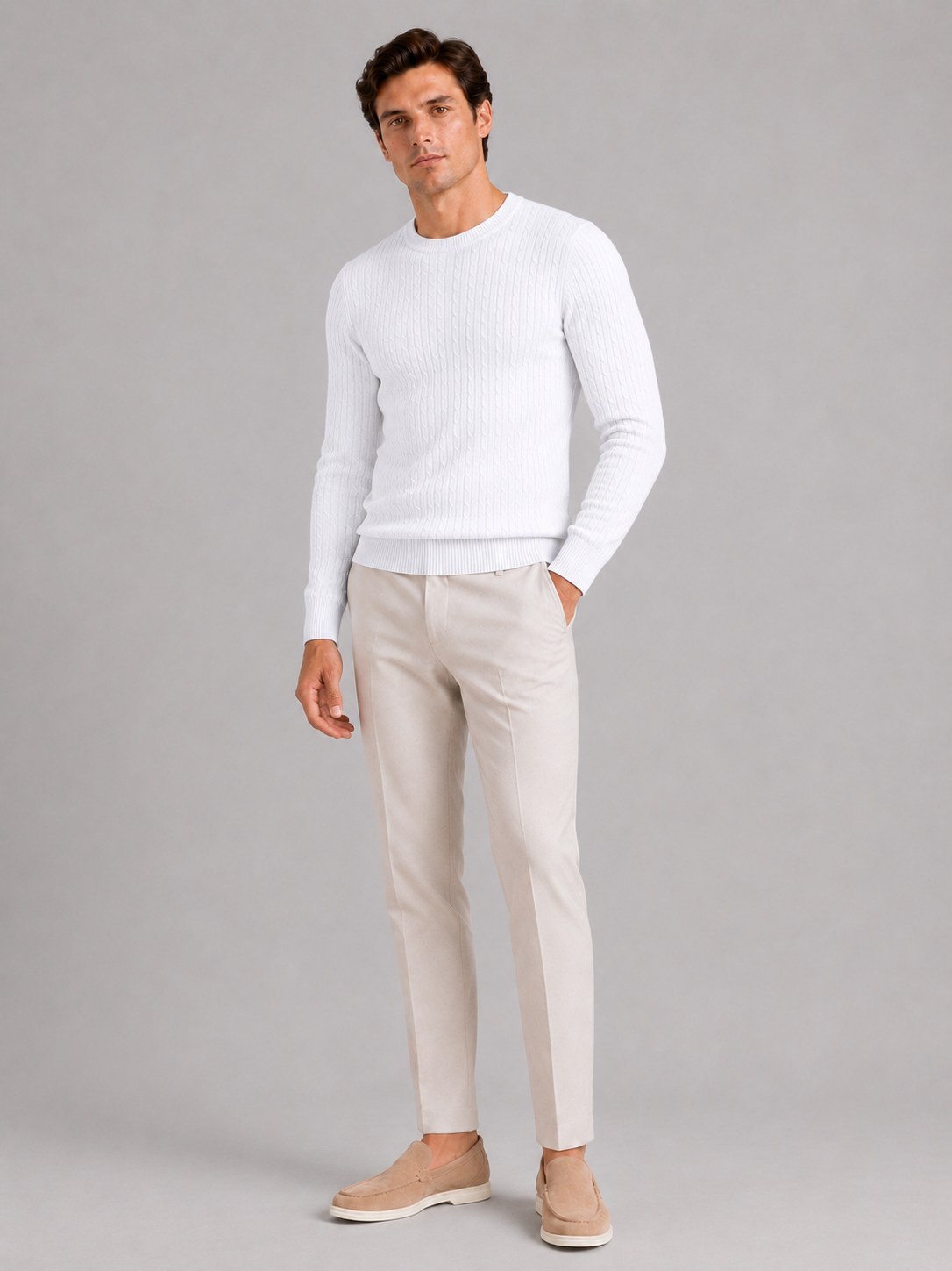 Men's cable knit crew neck sweater – White full view – Edward & Lawsen