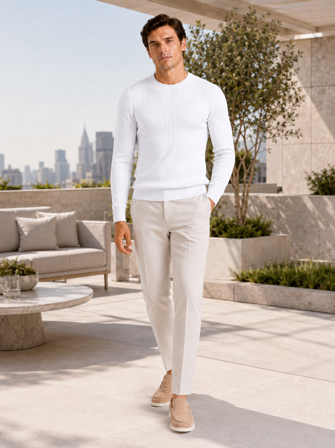 Men's cable knit crew neck sweater – White lifestyle view – Edward & Lawsen