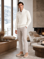 Men's cashmere quarter-zip mock neck sweater – White lifestyle view – Edward & Lawsen