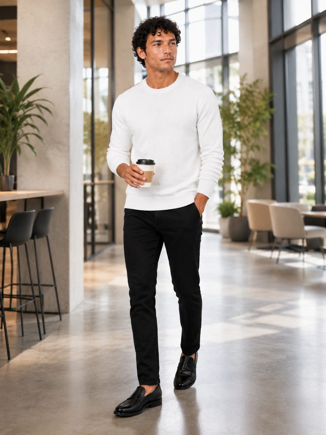 Men's crew neck knit sweater – White lifestyle view – Edward & Lawsen