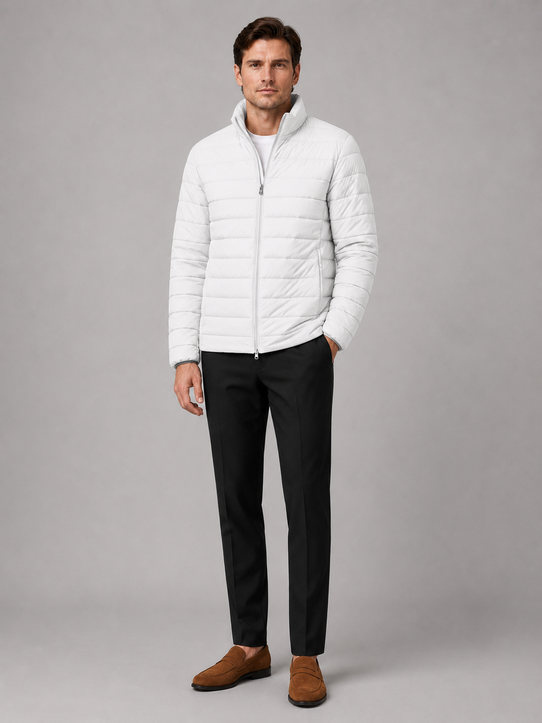 Men's puffer jacket – White full view – Edward & Lawsen